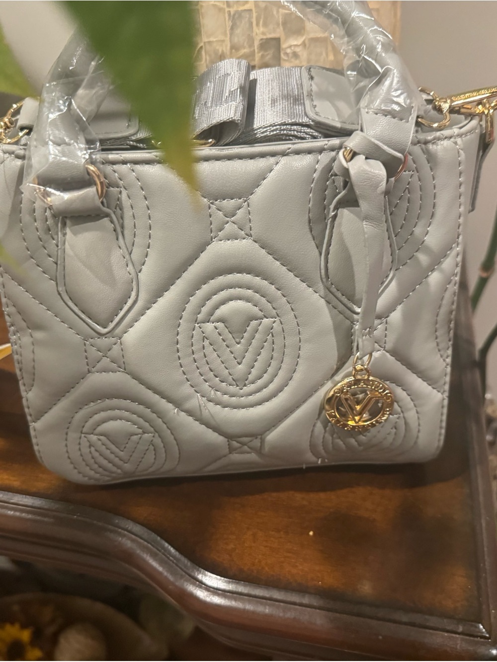 Valentino Quilted Light Gray Satchel with Gold Logo Charm